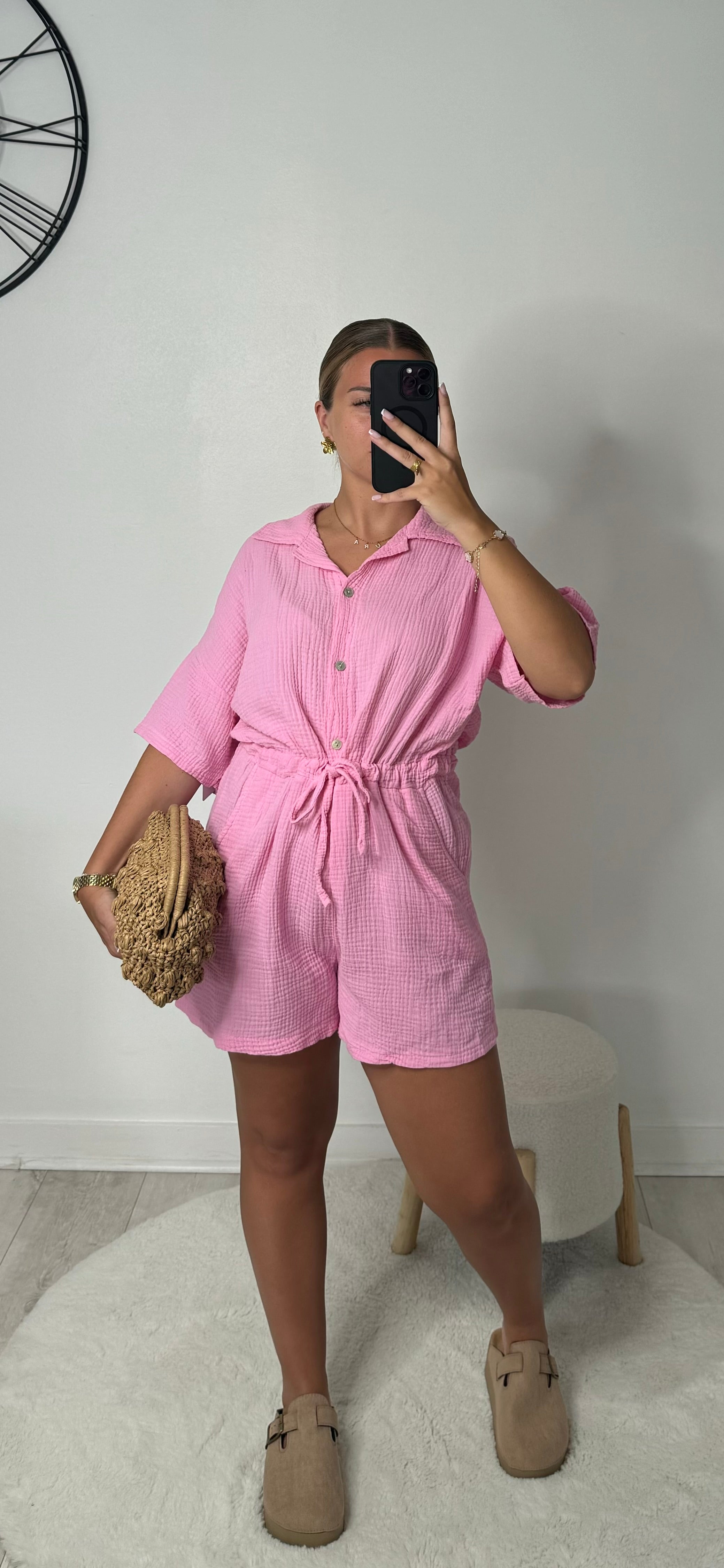 Combi-short en gaze de coton rose