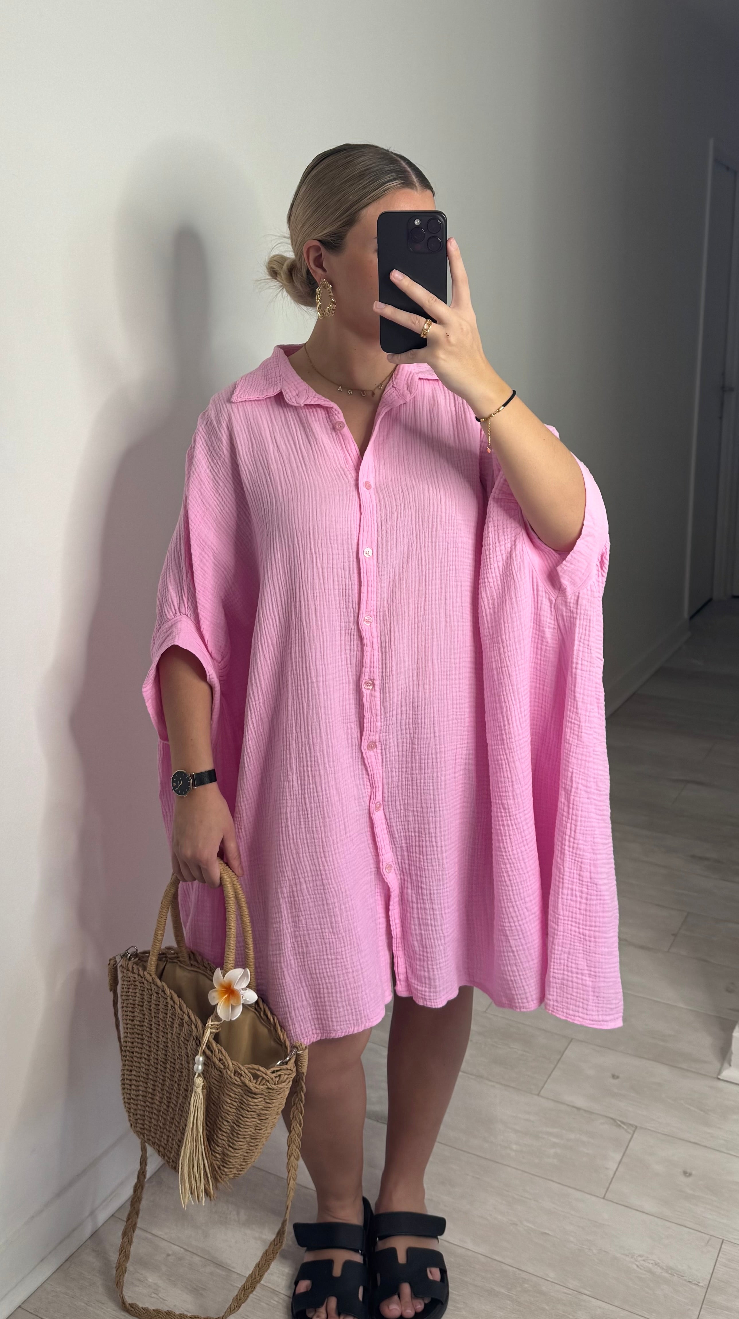 Robe gaze manches courtes - rose