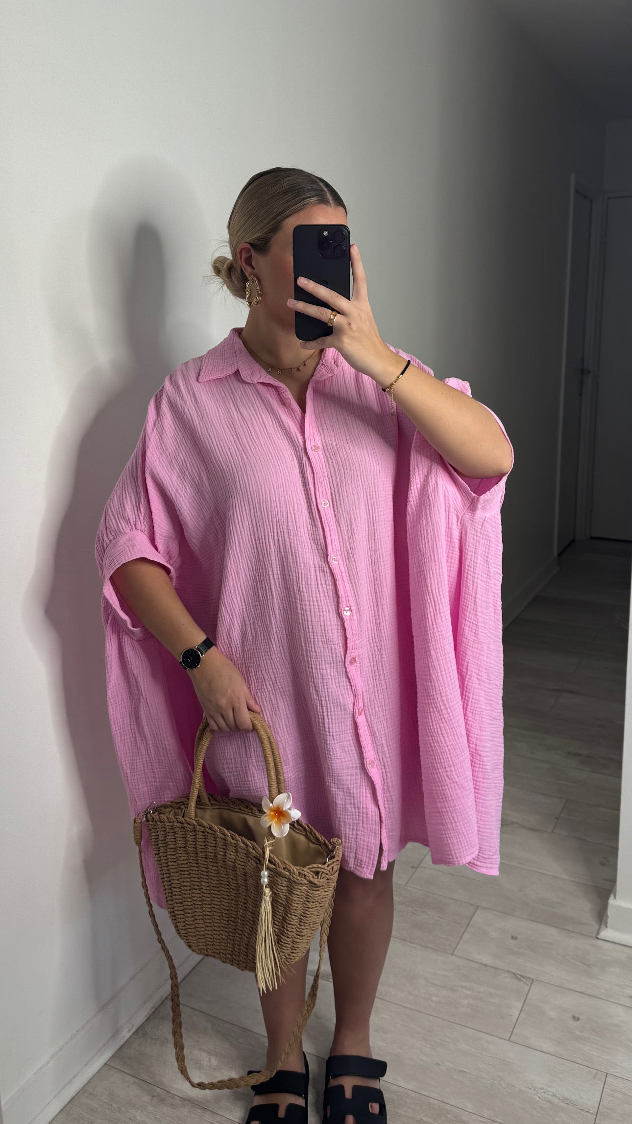 Robe gaze manches courtes - rose